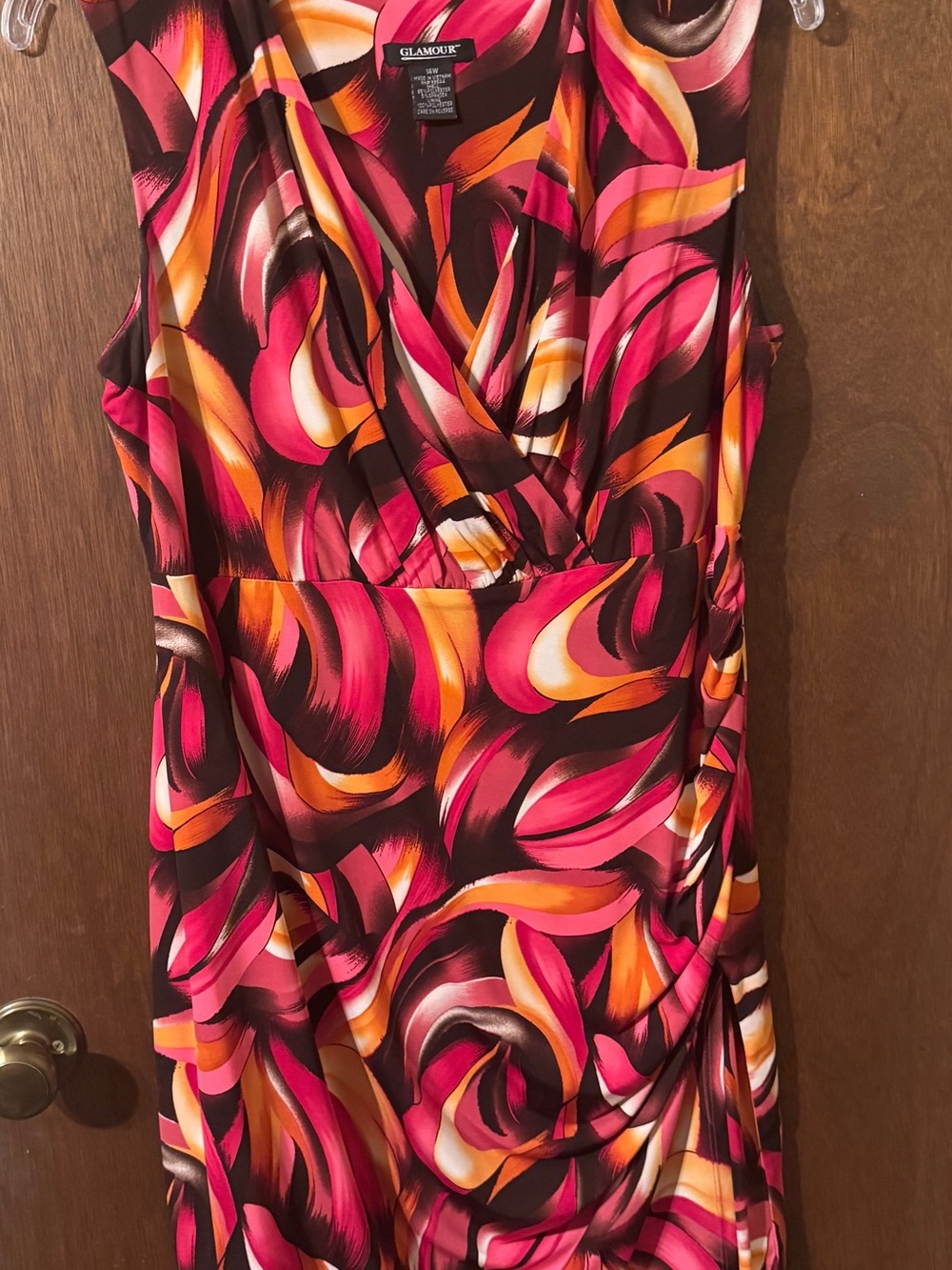 Glamour Vibrant Abstract Sleeveless Surplice Dress — Pink, Orange, Brown & White